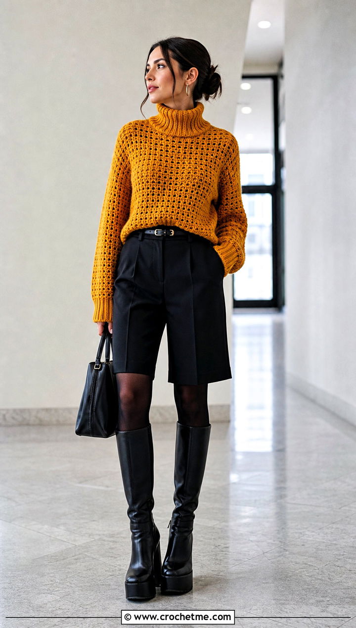Goth Turtleneck Crochet Sweater With Tailored Shorts - 30 goth crochet sweater outfit ideas