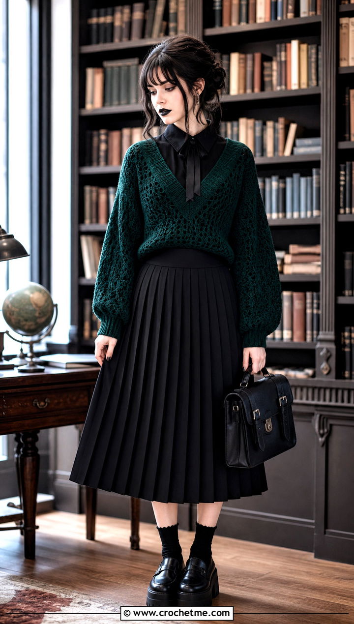 Goth V Neck Crochet Sweater With Button Down Shirt - 30 goth crochet sweater outfit ideas