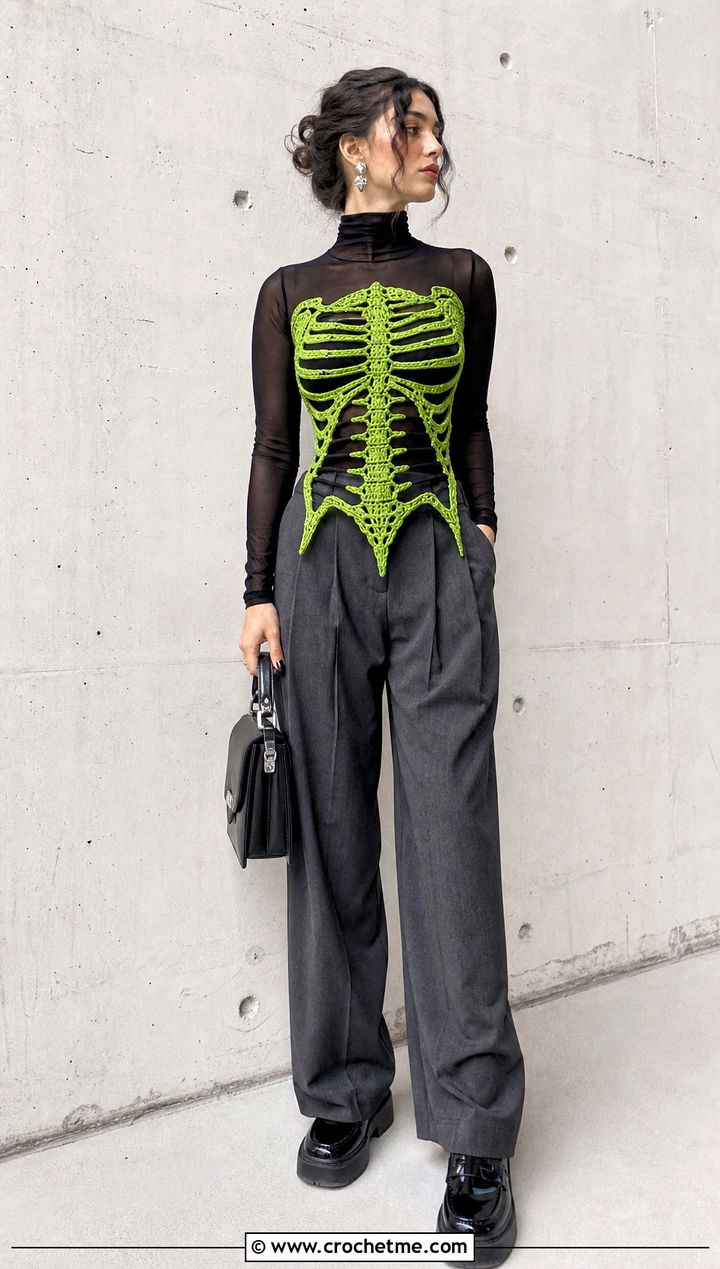 Gothic Crochet Skeleton Corset With Mesh Turtleneck - 15 crochet skeleton corset outfit ideas