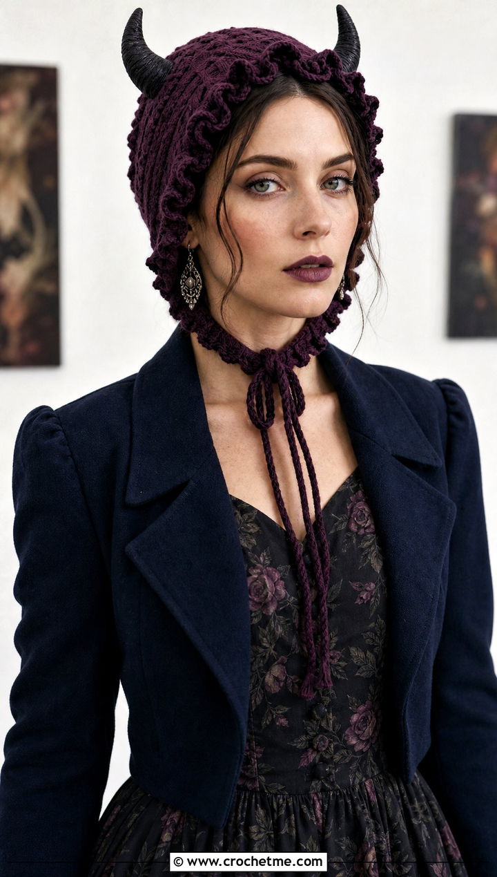Gothic Horn Bonnet With Maxi Dress - 30 crochet hat with horns outfit ideas