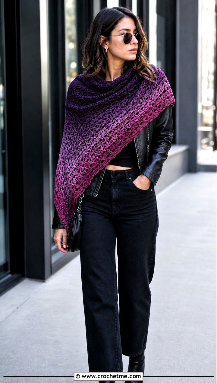 Gradient Skein Crochet Shawl With Leather Jacket And Black Jeans - 15 Easy 1 Skein Crochet Shawl outfit ideas