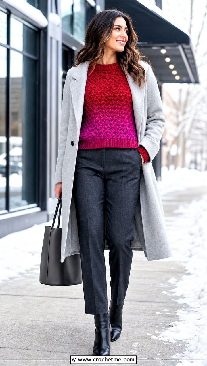 Gradient Alpine Stitch Sweater With Wool Coat And Trousers - 25 crochet alpine stitch sweater outfit ideas