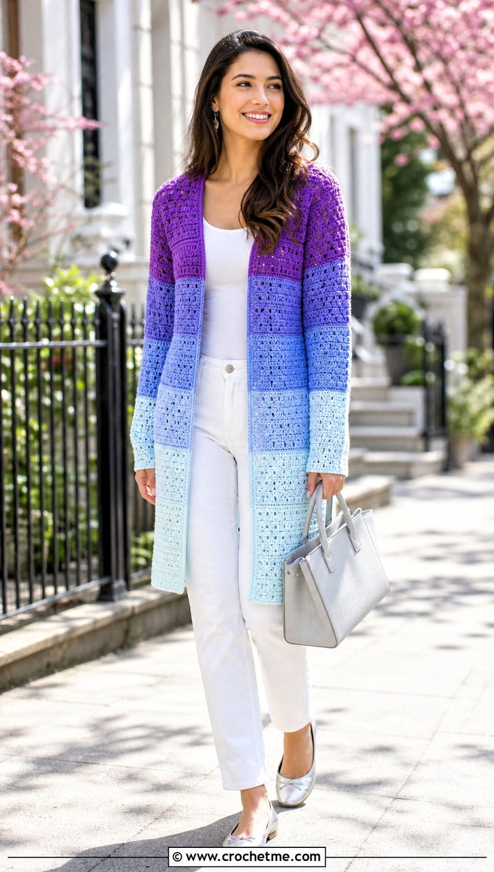 Gradient Block Cardigan With White Jeans - 25 crochet block cardigan outfit ideas