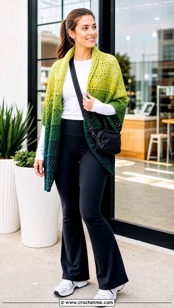 Gradient Block Stitch Crochet Shawl With Athleisure - 15 Block Stitch Crochet Shawl outfit ideas