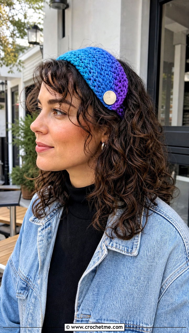 Gradient Button Headband With Denim Jacket - 15 Crochet Headband With Button outfit ideas