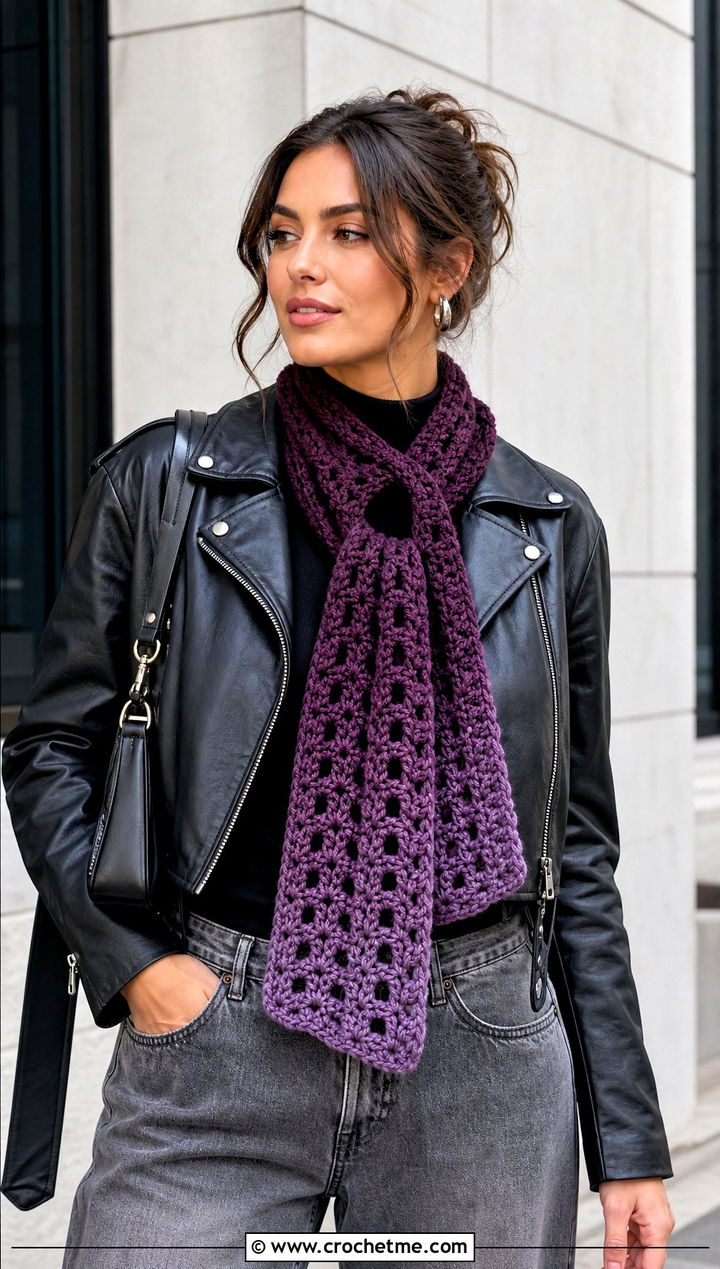 Gradient Cari Keyhole Crochet Scarf With Leather Jacket - 15 Cari Keyhole Crochet Scarf outfit ideas