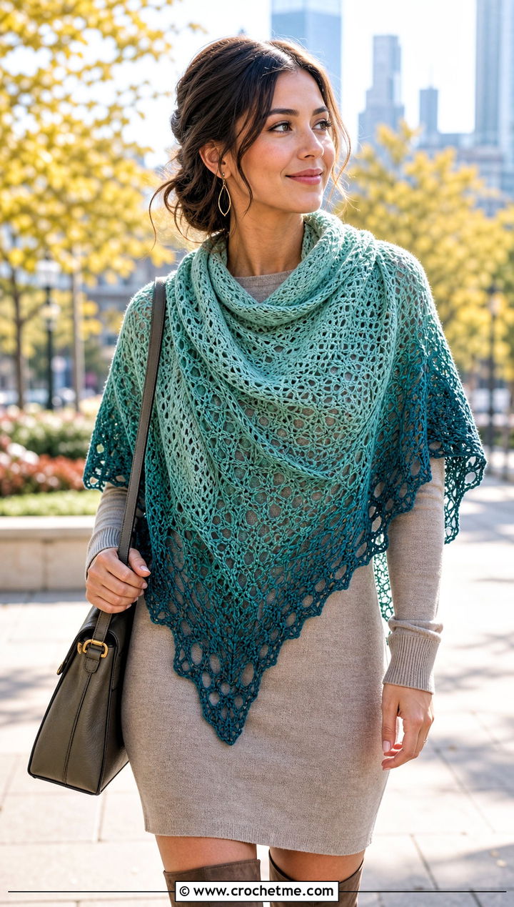 Gradient Crescent Crochet Lace Shawl With A Sweater Dress - 30 easy crochet lace shawl outfit ideas