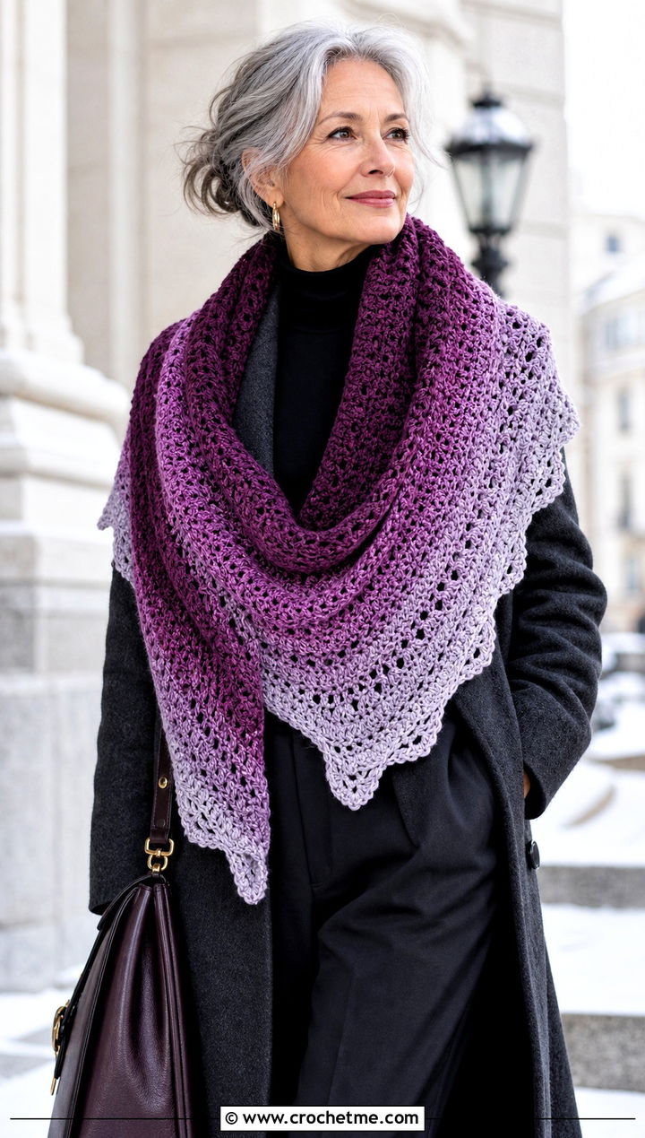 Gradient Crescent Crochet Shawl Scarf With Wool Coat - 30 crochet shawl scarf outfit ideas