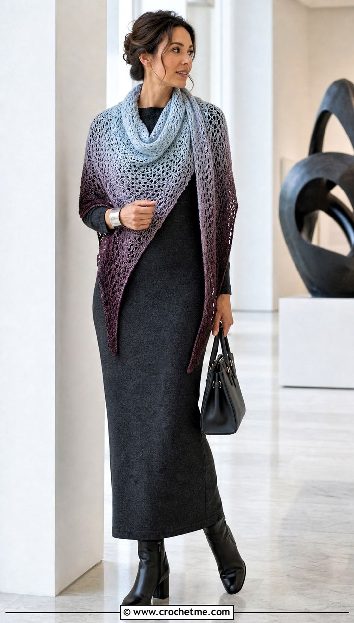Gradient Crescent Crochet Shawl With Knit Column Dress - 25 Crescent Crochet Shawl outfit ideas