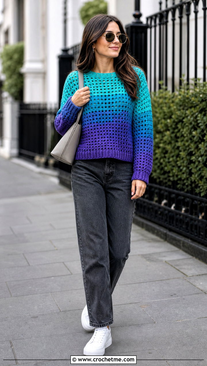 Gradient Crochet Block Sweater With Gray Jeans - 30 crochet block sweater outfit ideas
