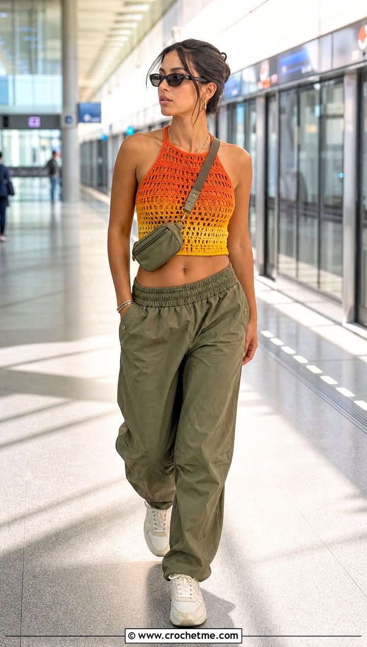 Gradient Crochet Cleo Top With Parachute Pants - 30 crochet cleo top outfit ideas