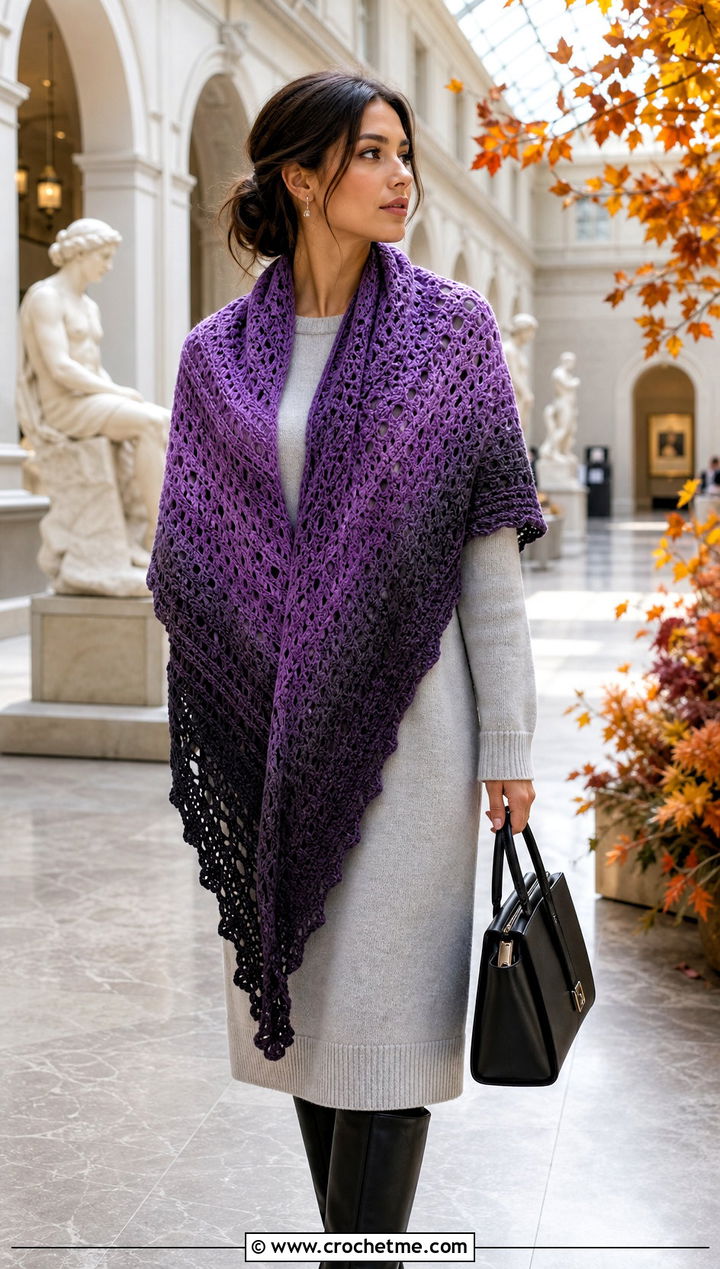 Gradient Crochet Cotton Shawl With Sweater Dress And Boots - 15 Crochet Cotton Shawl outfit ideas