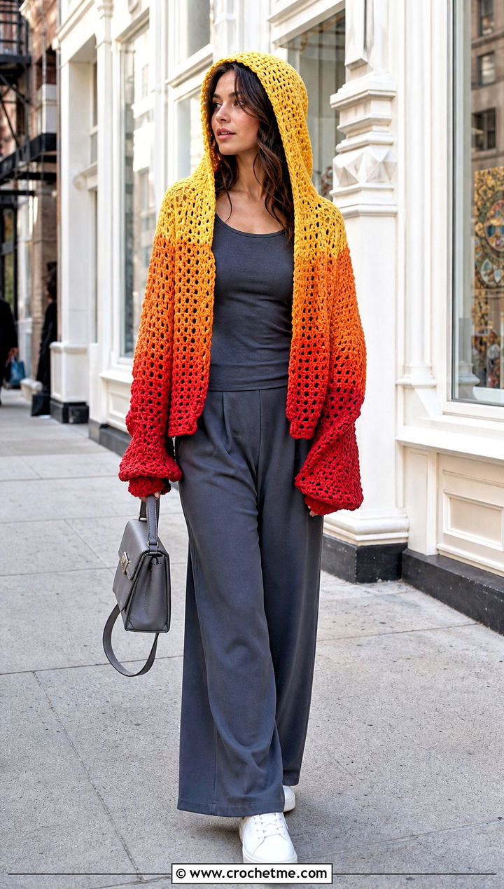 Gradient Crochet Hooded Shrug With Monochrome Separates - 30 Crochet Hooded Shrug outfit ideas