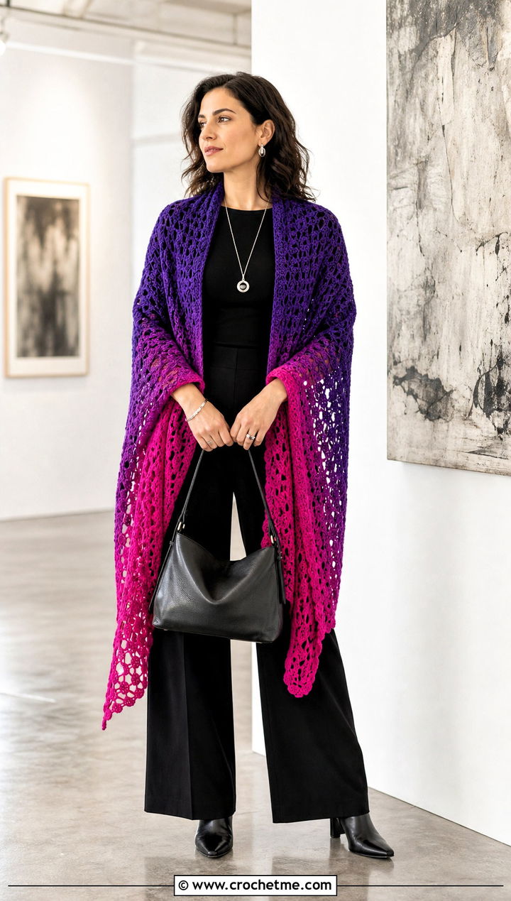 Gradient Crochet Rectangle Shawl With Monochrome Outfit - 35 Crochet Rectangle Shawl outfit ideas