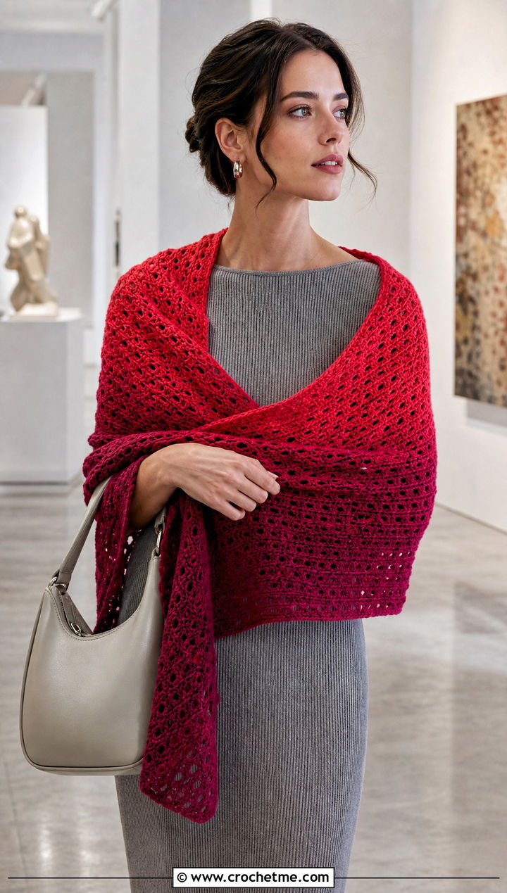 Gradient Crochet Rectangular Shawl With Knit Dress - 30 crochet rectangular shawl outfit ideas