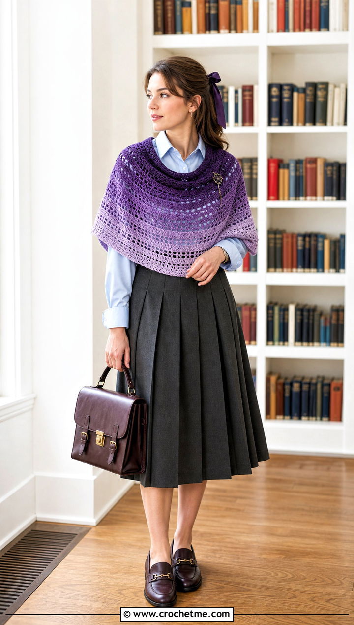 Gradient Crochet Semi Circle Shawl With Preppy Outfit - 25 Crochet Semi Circle Shawl outfit ideas