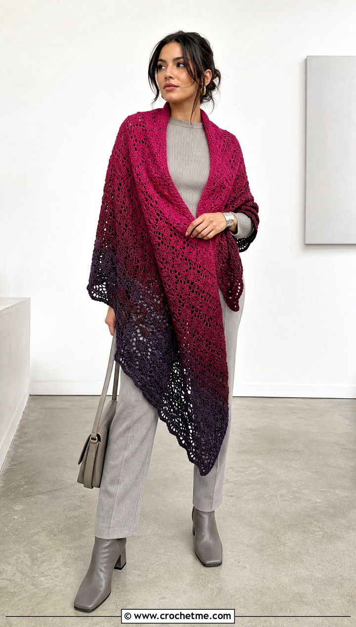 Gradient Crochet Shawl With Monochrome Outfit - 25 Fall Crochet Shawl outfit ideas