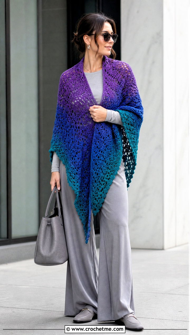 Gradient Crochet Shawl With Monochrome Outfit - 25 Crochet A Shawl outfit ideas