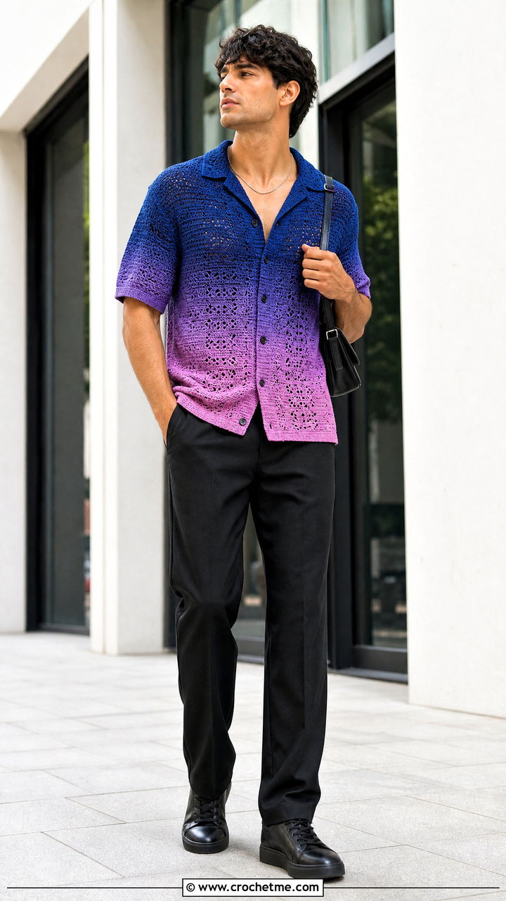 Gradient Crochet Shirt With Black Trousers - 35 crochet male shirt outfit ideas