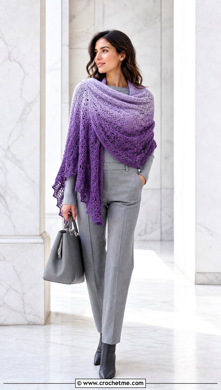Gradient Crochet Shoulder Shawl With Monochrome Outfit - 25 Crochet Shoulder Shawl outfit ideas