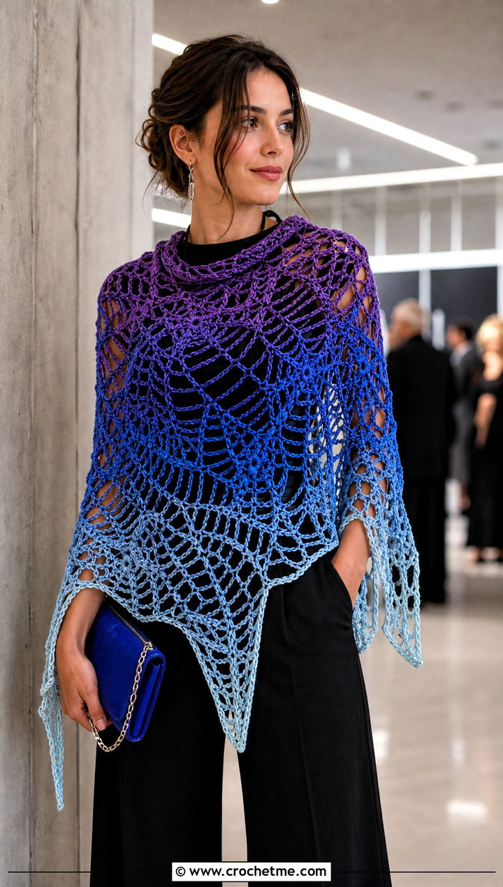 Gradient Crochet Spiderweb Shawl With Black Basics - 30 Crochet Spiderweb Shawl outfit ideas