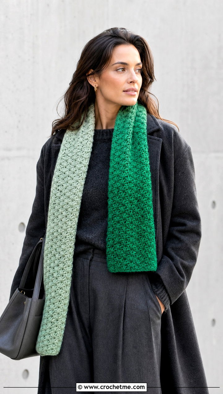 Gradient Crochet Star Stitch Scarf With Monochrome Outfit - 25 Crochet Star Stitch Scarf outfit ideas