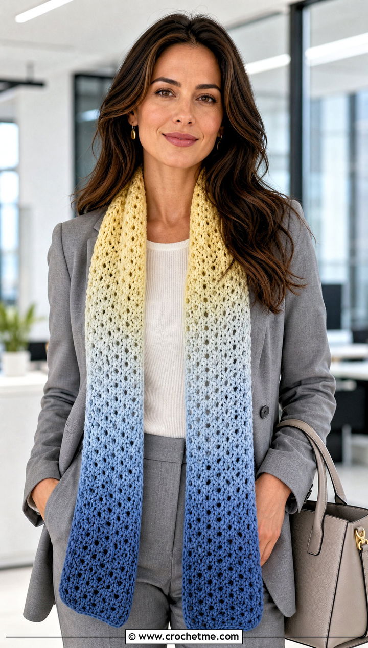 Gradient Crochet V Stitch Scarf With Neutral Suit - 30 crochet v stitch scarf outfit ideas