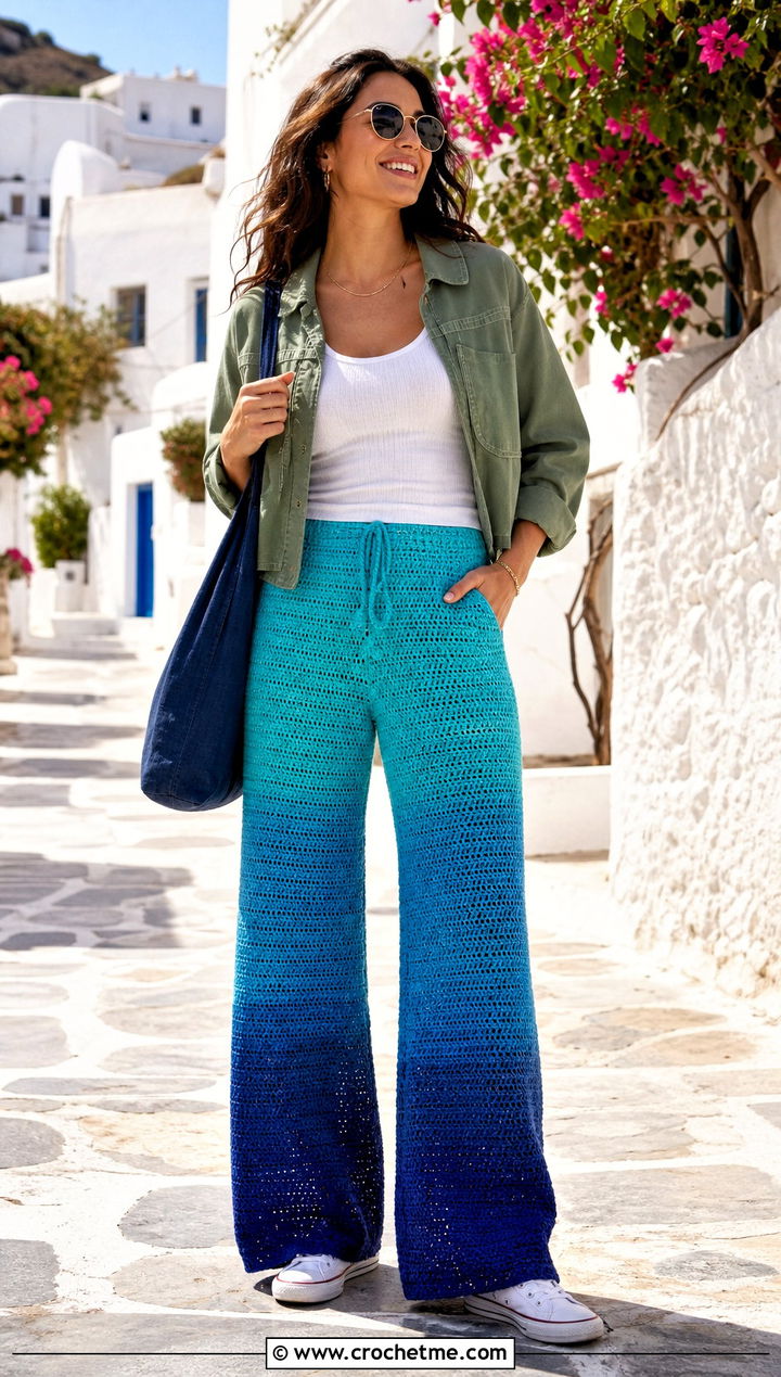 Gradient Crochet Wide Leg Pants With Utility Jacket - 25 colorful crochet pants outfit ideas