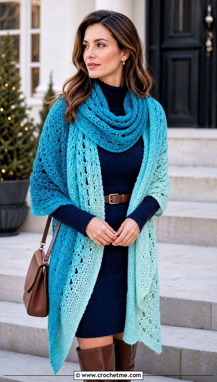 Gradient Crocheted Shawl With A Sweater Dress - 20 Crocheted Shawl outfit ideas