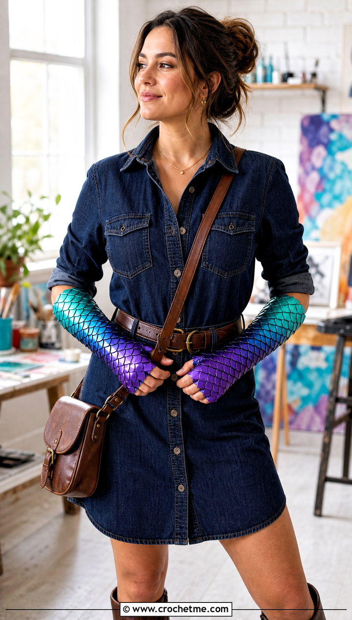 Gradient Dragon Scale Gauntlets With Denim Dress - 30 dragon scale crochet gloves outfit ideas