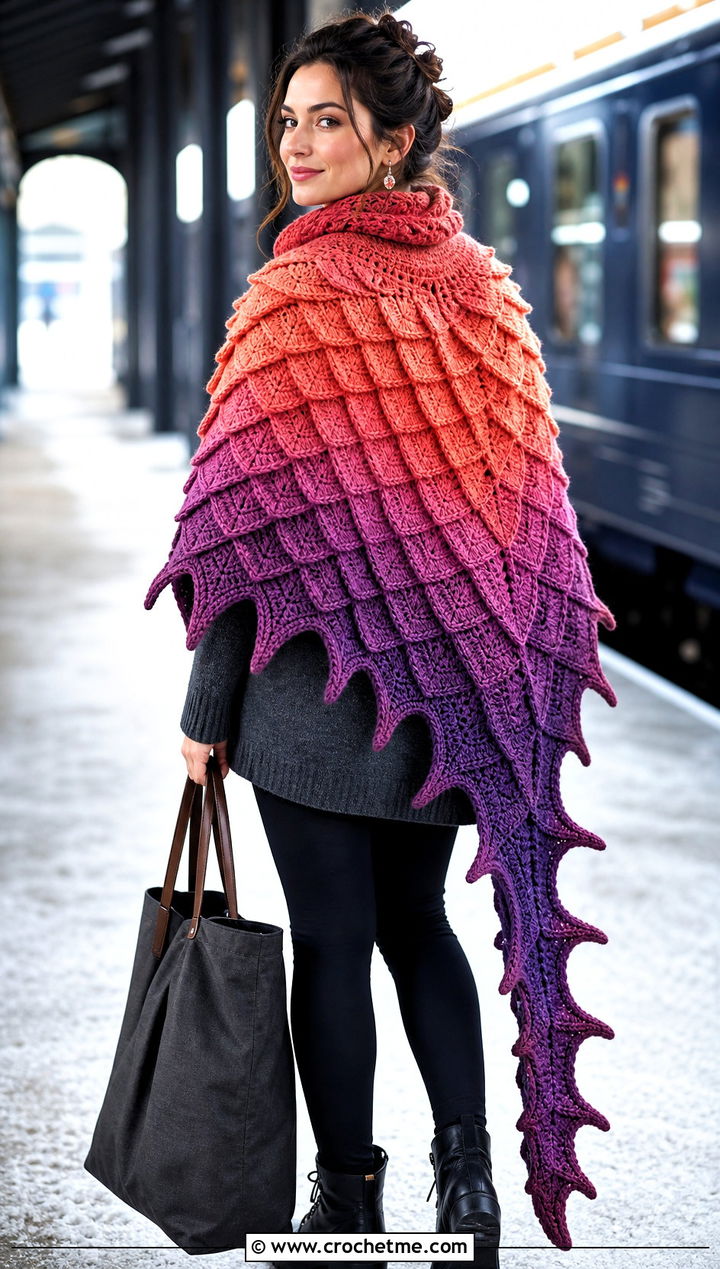 Gradient Dragon Tail Witch Crochet Shawl With Sweater And Leggings - 15 Witch Crochet Shawl outfit ideas