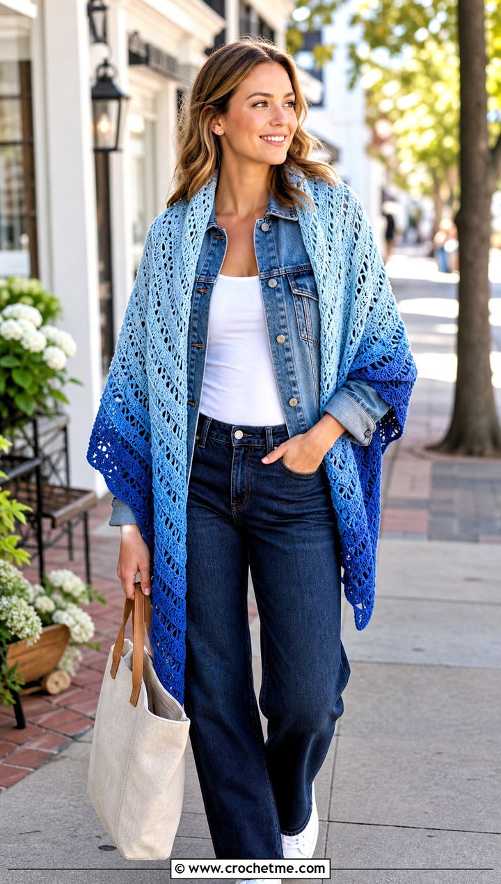 Gradient Fan Stitch Shawl With Denim Jacket - 20 Crochet Fan Stitch Shawl outfit ideas