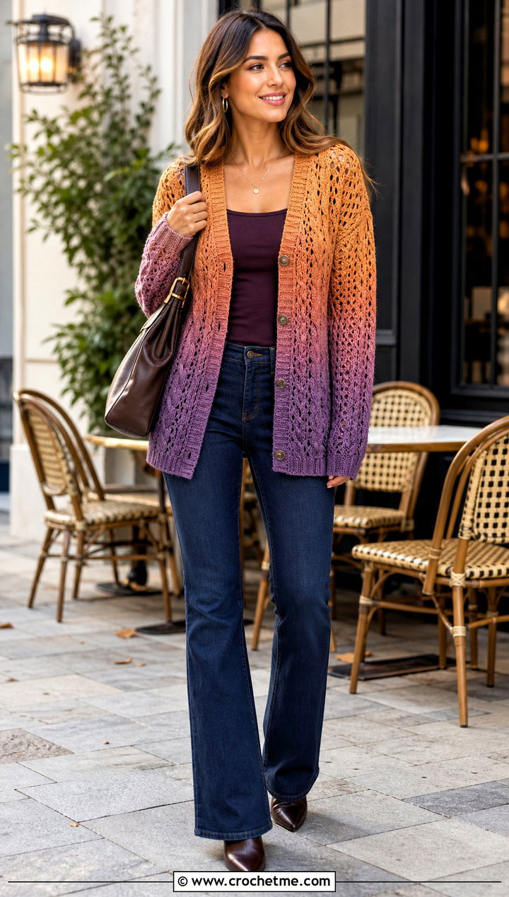 Gradient Filet Cabled Cardigan With Dark Wash Jeans - 25 filet crochet cardigan outfit ideas
