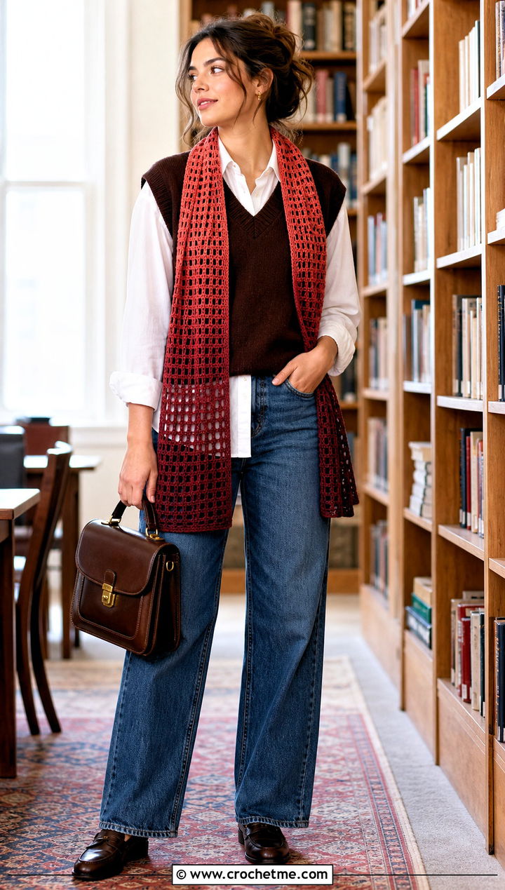 Gradient Filet Crochet Scarf With A Sweater Vest And Jeans - 35 filet crochet scarf outfit ideas