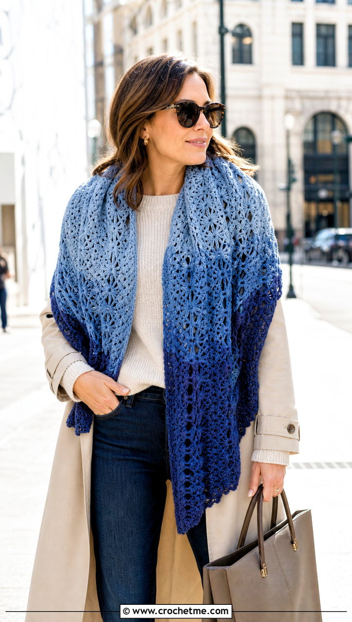 Gradient Flower Stitch Shawl With Trench Coat - 15 Crochet Flower Shawl outfit ideas