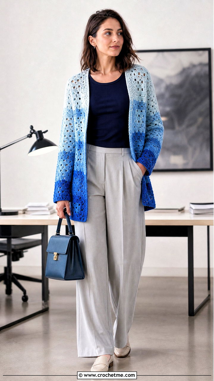 Gradient Granny Square Crochet Cardigan With Wide Leg Trousers - 35 granny square crochet cardigan outfit ideas