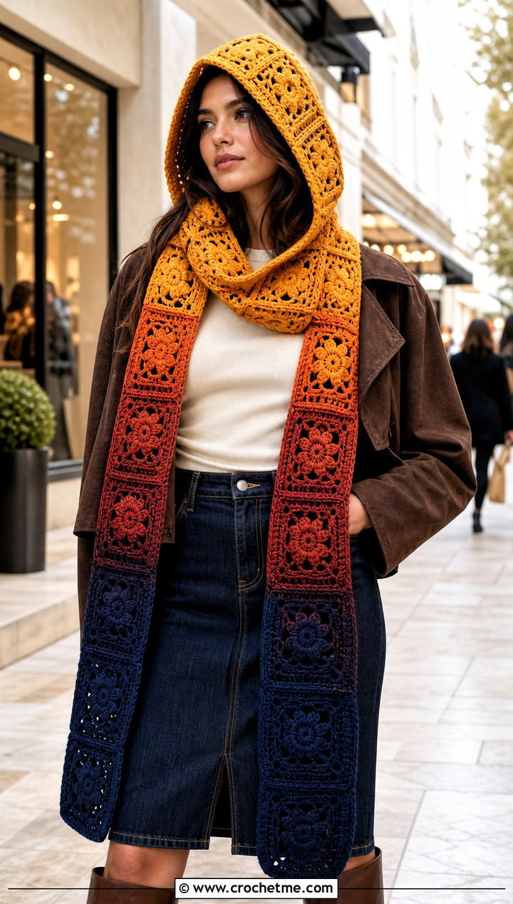 Gradient Granny Square Crochet Hooded Scarf With Denim Skirt - 30 Granny Square Crochet Hooded Scarf outfit ideas