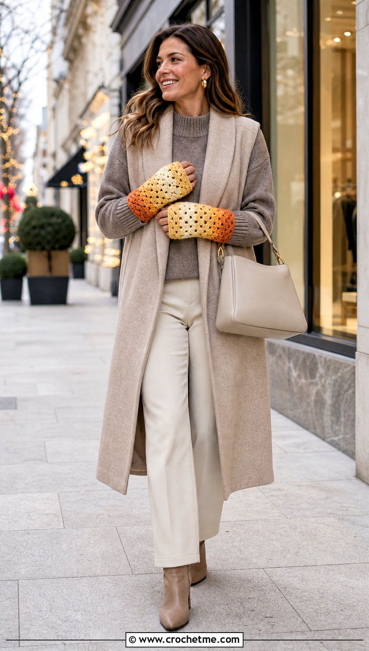Gradient Granny Square Fingerless Gloves With Neutral Knitwear - 35 granny square fingerless gloves outfit ideas