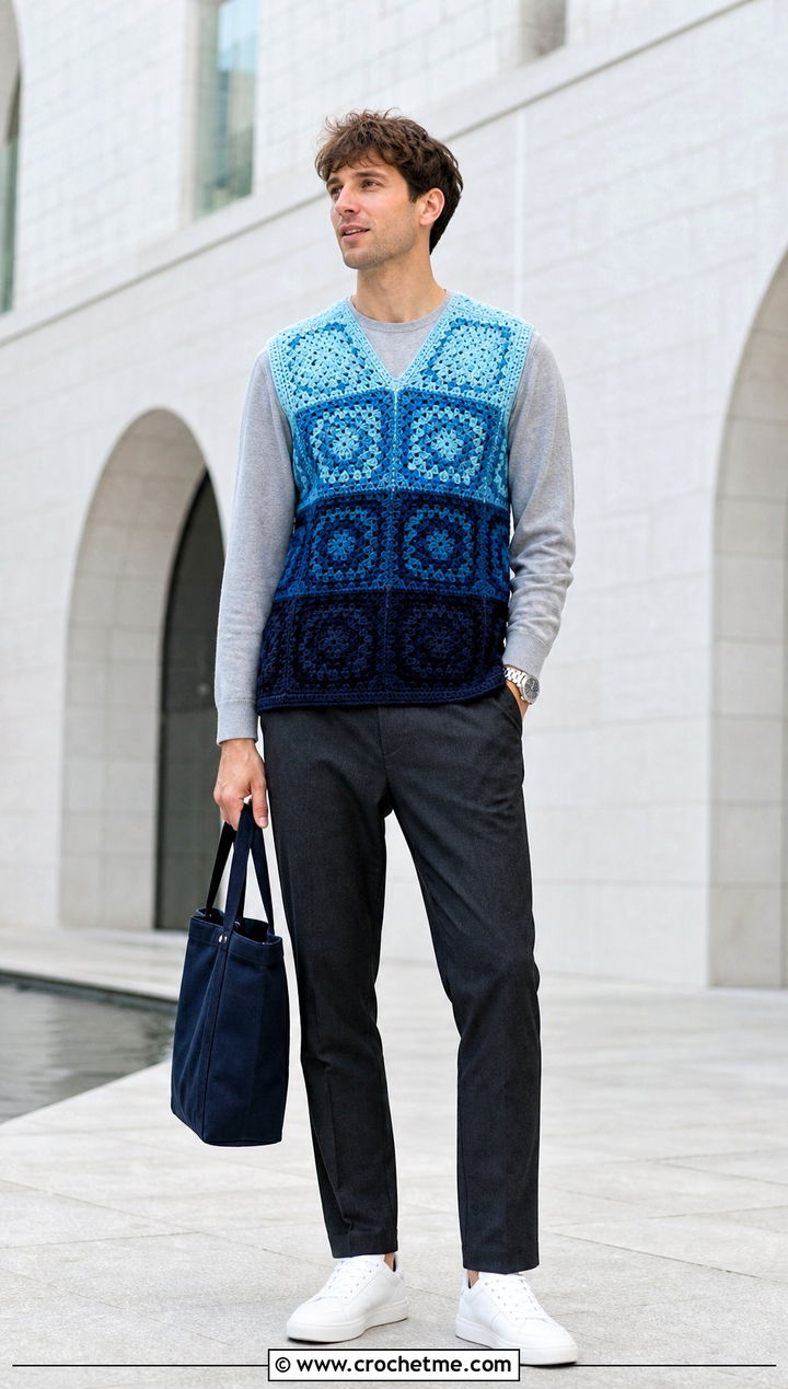 Gradient Granny Square Mens Vest With Monochrome Separates - 25 crochet granny square mens vest outfit ideas