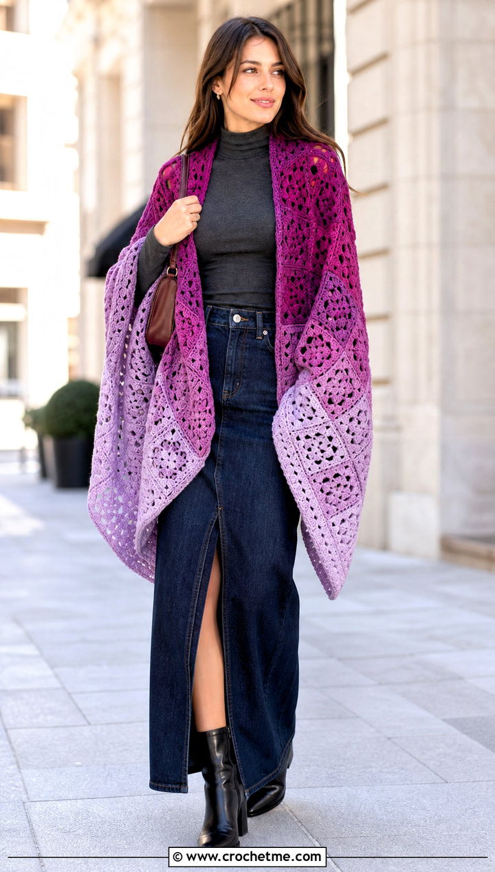Gradient Granny Square Shawl With Denim Maxi Skirt - 35 granny square shawl outfit ideas
