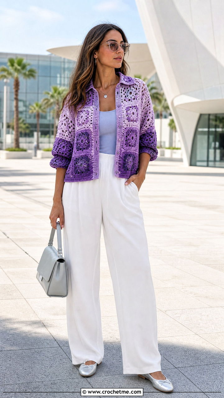 Gradient Granny Square Shirt With White Trousers - 35 granny square shirt outfit ideas