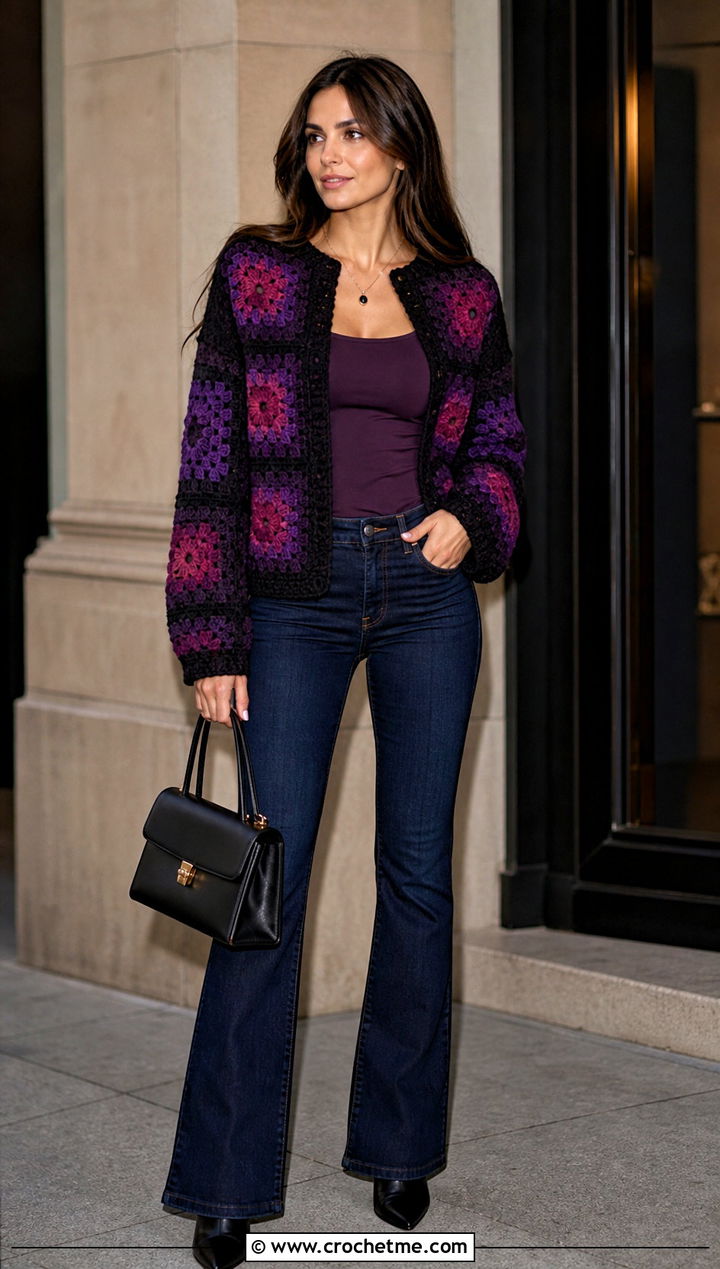 Gradient Granny Square Sweater With Dark Denim - 30 crochet sweater with granny squares outfit ideas