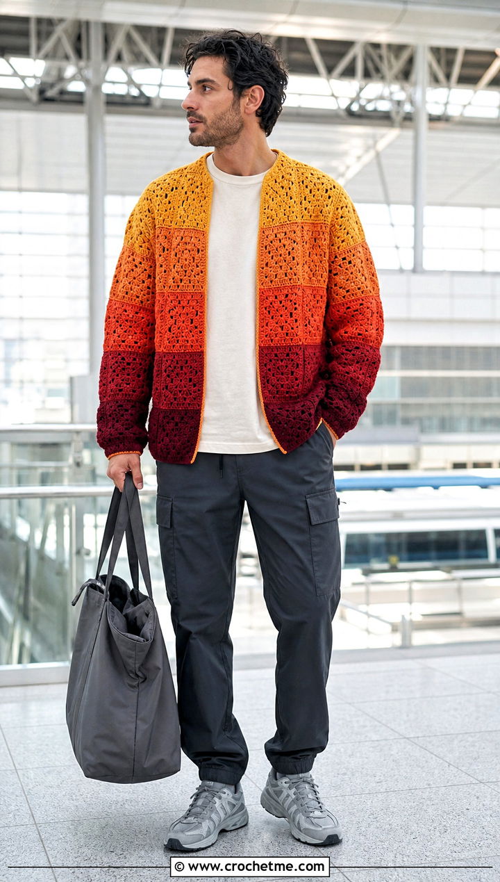 Gradient Granny Square Sweater With Utility Pants - 25 Crochet Granny Square Sweater For Men outfit ideas