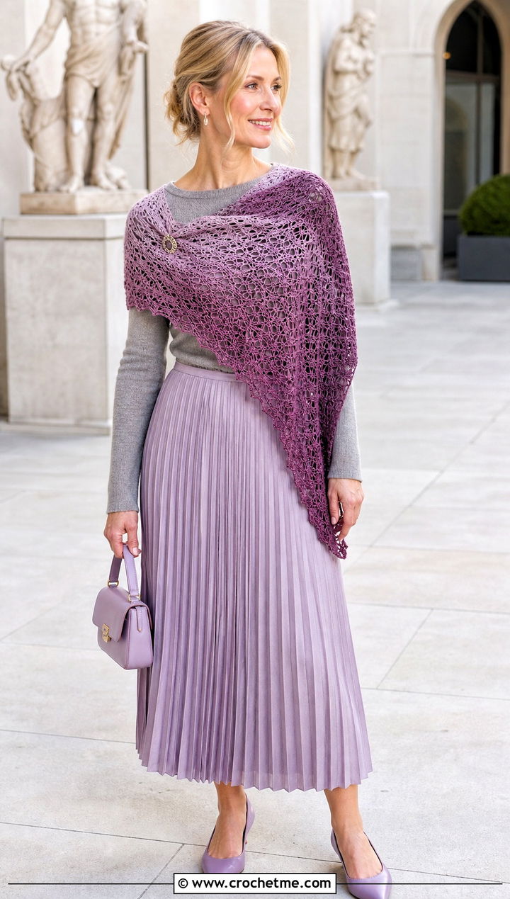 Gradient Lace Triangle Shawl With Sweater And Pleated Skirt - 25 Crochet Lacy Triangle Shawl outfit ideas