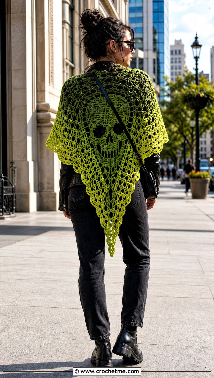 Gradient Lost Souls Shawl With Leather Jacket - 35 crochet lost souls shawl outfit ideas