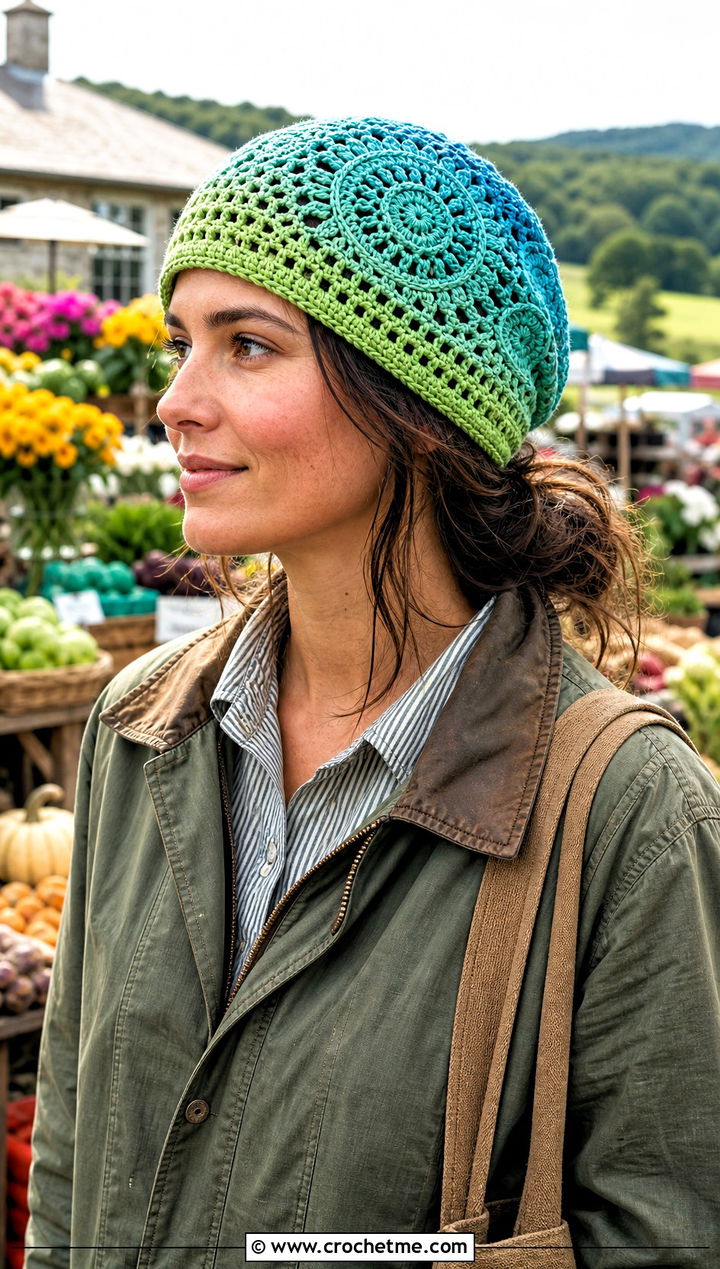 Gradient Mandala Crochet Beanie With Barn Jacket - 20 Mandala Crochet Beanie outfit ideas