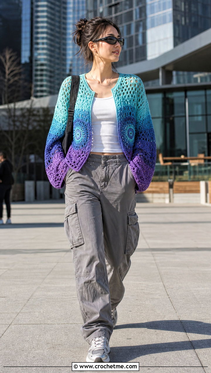Gradient Mandala Crochet Sweater With Cargo Pants - 25 Mandala Crochet Sweater outfit ideas