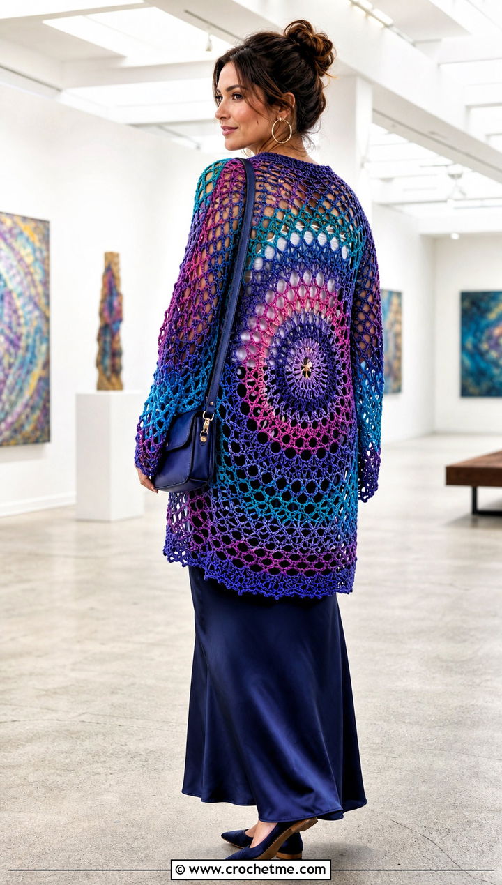 Gradient Mandala Dream Catcher Cardigan With Bias Cut Maxi Skirt - 25 dream catcher crochet cardigan outfit ideas