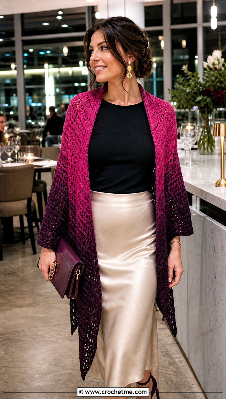 Gradient Mesh Triangle Shawl With Satin Skirt - 30 Crochet Mesh Triangle Shawl outfit ideas