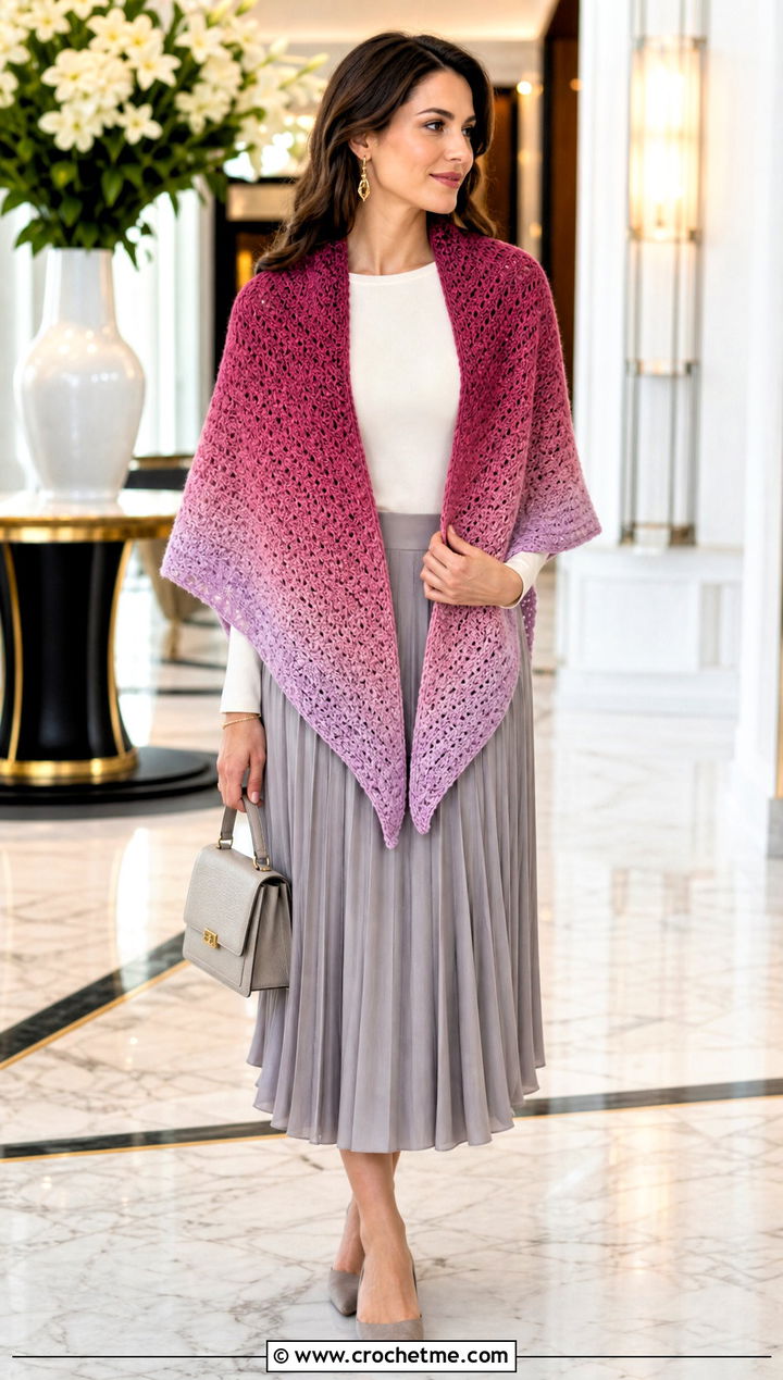Gradient Moss Stitch Shawl With A Pleated Midi Skirt - 25 Crochet Moss Stitch Shawl outfit ideas